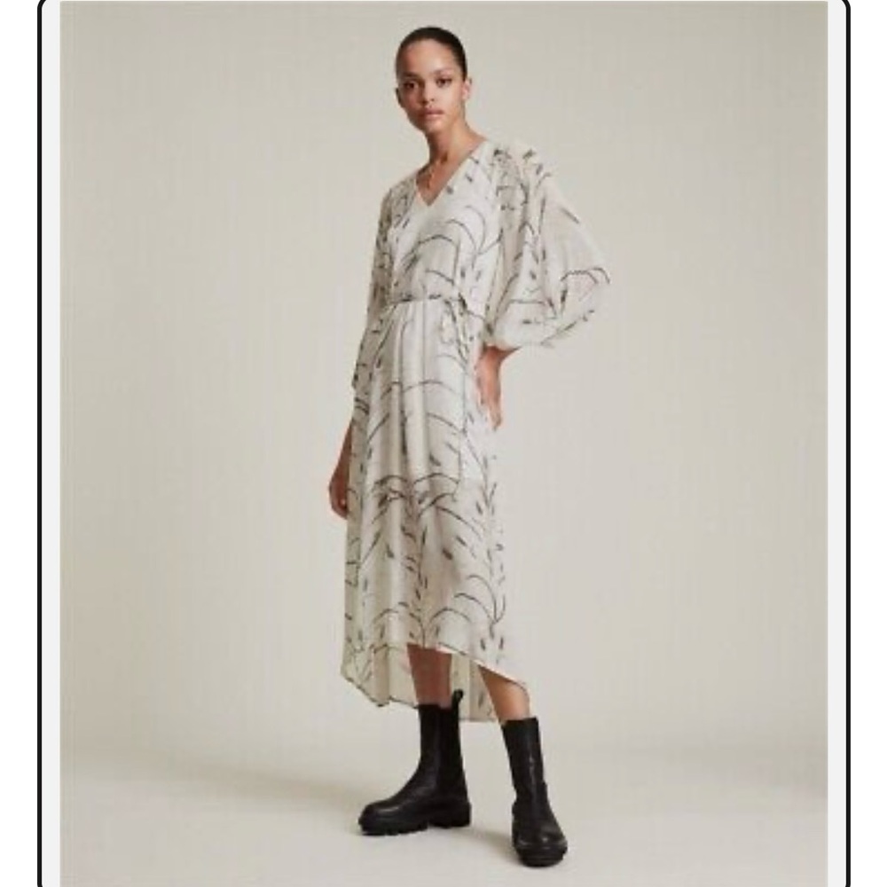 All Saints Cream Midi Dress with Black Abstract Print